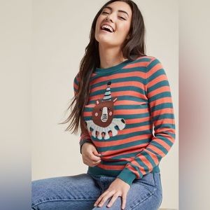 ModCloth Ursa Majorette Intarsia Sweater Blue Coral Striped Bear Pullover